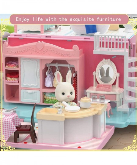 Dollhouse Playset DIY Pretend Portable Caravan Camper Bus Toy Kit with Little Critters Bunny Dolls Mini Cottage House Set Cam...