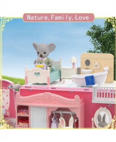 Dollhouse Playset DIY Pretend Portable Caravan Camper Bus Toy Kit with Little Critters Bunny Dolls Mini Cottage House Set Cam...